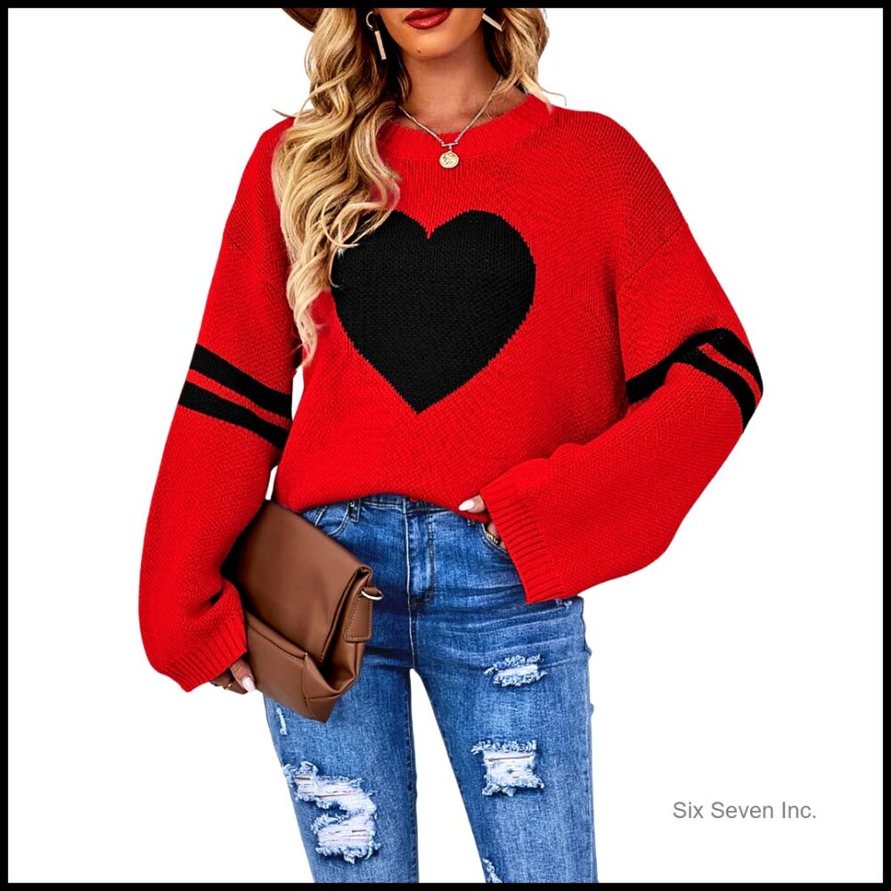 Cute Heart Print Pullover Sweater Loose Fit Striped Sleeve Valentine Top